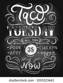 Taco tuesday chalkboard vector poster with lettering and flourishes. Retro tacos advertising for flyers, prints, banners etc. Tacos vintage template for mexican cafe or restaurant with chalk effect.