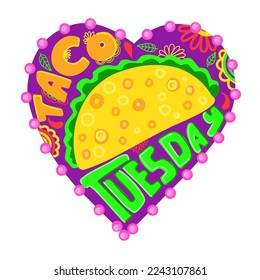 Taco Tuesday in the style of the 90s. Taco party. Mexican cuisine print. Vector isolated illustration on a white background.