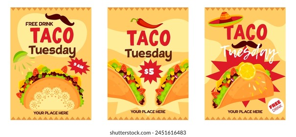 Juego de Plantilla Taco Tuesdays. Delicioso volante Tacos con coloridos Elementos de dibujos animados. Antecedentes alimentarios mexicanos