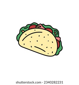 Taco vector doodle element isolated. Hand drawn outline illustration of traditional mexican food with tortilla, meat, salad. Hand drawn cute colorful doodles.
