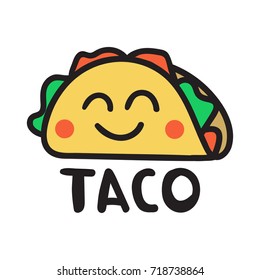 Taco. Vector hand drawn icon, logo, lettering, illustration on white background. Business concept for cafe, restaurant.