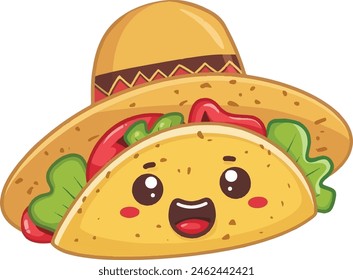 Taco vector Illustration with cute face, smiling, using mexican hat