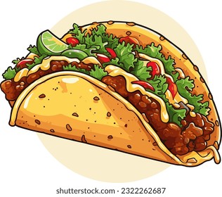 Taco vector illustration, Mexican junk food logo restaurant icon, cartoon  art, hand drawing detailed vintage style