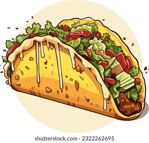 Taco vector illustration, Mexican junk food logo restaurant icon, cartoon  art, hand drawing detailed vintage style
