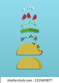 Taco vector illustration, separated ingredients.