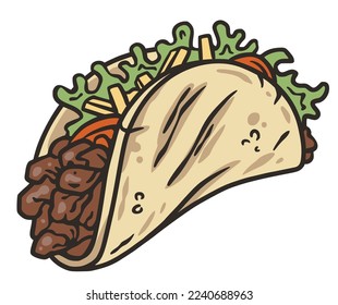 Taco vector with meat and vegetable for design of logo or emblem. Traditional mexican fast food. Tacos Mexico food with tortilla, leaves lettuce, cheese, tomato, forcemeat, sauce.