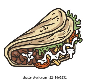Taco vector with meat and vegetable for design of logo or emblem. Traditional mexican fast food. Tacos Mexico food with tortilla, leaves lettuce, cheese, tomato, forcemeat, sauce.