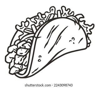 Taco vector with meat and vegetable for design of logo or emblem. Traditional mexican fast food. Tacos Mexico food with tortilla, leaves lettuce, cheese, tomato, forcemeat, sauce.