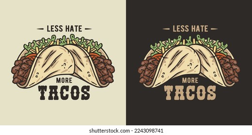 Taco vector with meat and vegetable for logo or emblem. Traditional mexican fast food. Tacos Mexico food with tortilla, leaves lettuce, cheese, tomato, forcemeat, sauce.