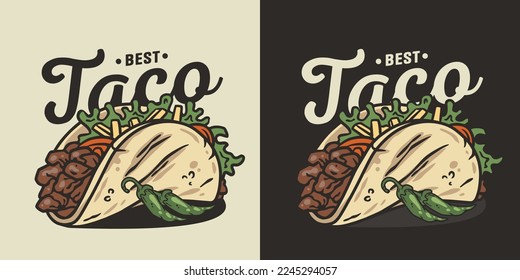 Taco vector with meat and vegetable for logo or emblem. Traditional mexican fast food. Tacos Mexico food with tortilla, leaves lettuce, cheese, tomato, forcemeat, sauce.