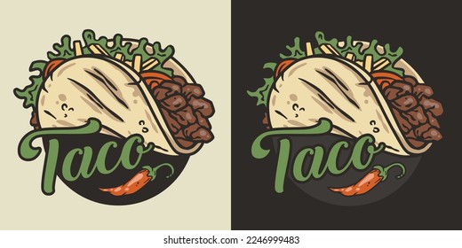 Taco vector with meat and vegetable for logo or emblem. Traditional mexican fast food. Tacos Mexico food with tortilla, leaves lettuce, cheese, tomato, forcemeat, sauce.