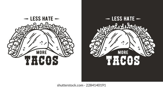 Taco vector with meat and vegetable for logo or emblem. Traditional mexican fast food. Tacos Mexico food with tortilla, leaves lettuce, cheese, tomato, forcemeat, sauce.