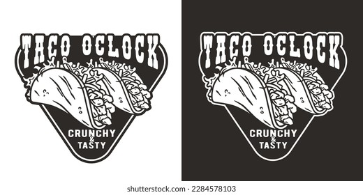 Taco vector with meat and vegetable for logo or emblem. Traditional mexican fast food. Tacos Mexico food with tortilla, leaves lettuce, cheese, tomato, forcemeat, sauce.