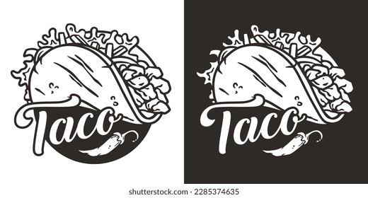Taco vector with meat and vegetable for logo or emblem. Traditional mexican fast food. Tacos Mexico food with tortilla, leaves lettuce, cheese, tomato, forcemeat, sauce.