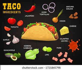 Taco, vektor mexikanisches Fastfood mit Zutaten. Maistortilla mit Fleisch und Gemüse, Chilischoten oder Jalapeno-Pfeffer, Salatsalat, Rindfleisch, Tomate und Käse, Avocado guacamole, Knoblauch auf Holzhintergrund