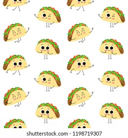 Taco, vector seamless pattern with cute cartoon mexican fast food characters isolated on white
