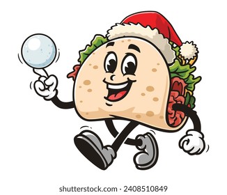 Taco wear Christmas hats and play snowballs cartoon mascot illustration character vector clip art hand drawn