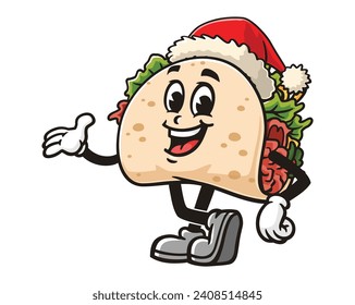 Taco wearing a Christmas hat cartoon mascot illustration character vector clip art hand drawn