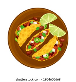 Taco as Wheat Tortilla with Forced Meat and Beans on Plate as Traditional Mexican Dish Vector Illustration