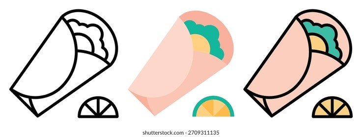 Taco Wrap Icon Set in Outline, Colour and Flat Style