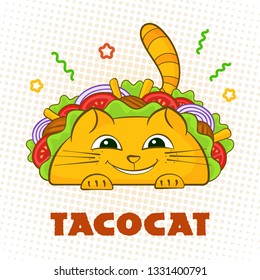 Tacocat happy character mexican fastfood taco symbol vector illustration. Smile cat mascot with tasty beef meat, salad and tomato in traditional taco with sign Tacocat for website landing promo