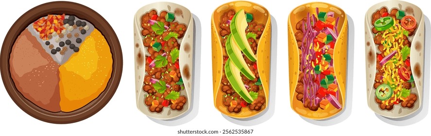 Tacos and beans with vibrant toppings