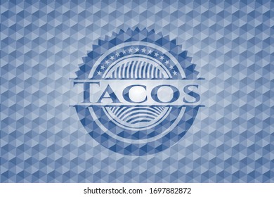 Tacos blue badge with geometric pattern background. Vector Illustration. Detailed.