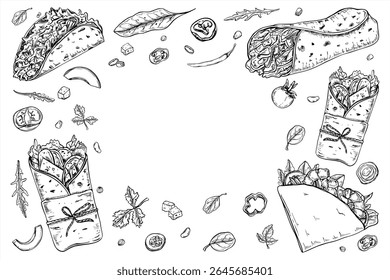 Tacos e recheio de burrito com legumes, folhas de salada quadro vetor em preto e branco. O tradicional mexicano tira o desenho da tortilha de milho para desenhar cardápios, embalagens de alimentos, alimentação saudável.