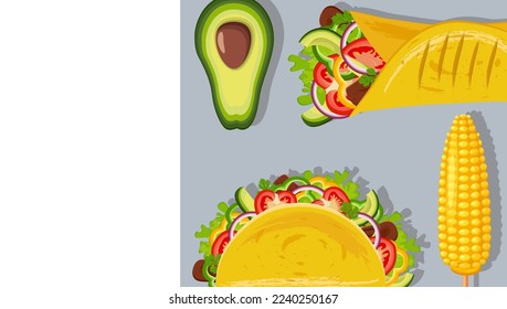 Tacos, Burritos, Mais und Avocado. . Traditionelle mexikanische Küche. lateinamerikanische Küche, Menükonzept. Banner, Website, Werbung. mexikanische Küche.