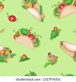 Tacos and Burritos are Mexican food. Lime background. Seamless pattern.