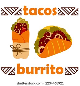 Tacos and burritos mexican food. Vector cartoon illustration