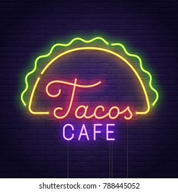 Tacos cafe neon sign. Taco banner, logo, emblem and label. Neon sign, bright signboard, light banner.