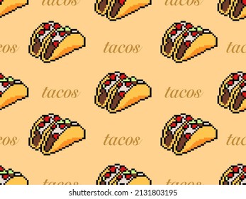 Tacos cartoon character seamless pattern on orange background.Pixel style