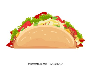 Icono plano de Tacos con carne y verduras. comida rápida tradicional mexicana. Taco México comida con tortilla, hojas lechuga, queso, tomate, comida forzada, salsa aislada en fondo blanco. 