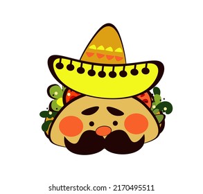 Tacos Character Sombrero Doodle, Traditional Mexican Food, Doodle Sketch Style Vector Illustration On White Background. 