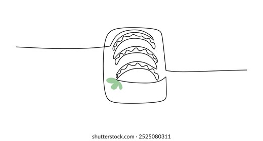 Tacos de dibujo continuo de una línea. Taco con cáscara de tortilla almuerzo mexicano. Fondo minimalista de Ilustración vectorial.