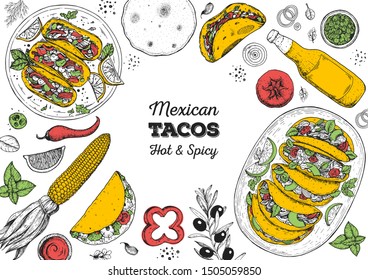 Tacos cooking and ingredients for tacos, sketch illustration. Mexican cuisine frame. Fast food menu design elements. Tacos hand drawn frame. Mexican food.