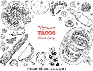 Tacos cooking and ingredients for tacos, sketch illustration. Mexican cuisine frame. Fast food menu design elements. Tacos hand drawn frame. Mexican food.