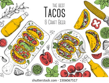 Tacos cooking and ingredients for tacos, sketch illustration. Mexican cuisine frame. Fast food menu design elements. Tacos hand drawn frame. Mexican food. 