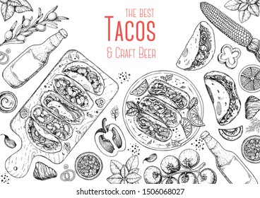 Tacos cooking and ingredients for tacos, sketch illustration. Mexican cuisine frame. Fast food menu design elements. Tacos hand drawn frame. Mexican food.