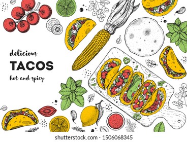 Tacos cooking and ingredients for tacos, sketch illustration. Mexican cuisine frame. Fast food menu design elements. Tacos hand drawn frame. Mexican food.