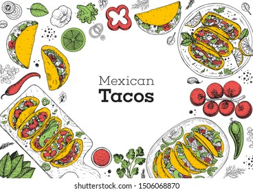 Tacos cooking and ingredients for tacos, sketch illustration. Mexican cuisine frame. Fast food menu design elements. Mexican food. Tacos hand drawn frame. 