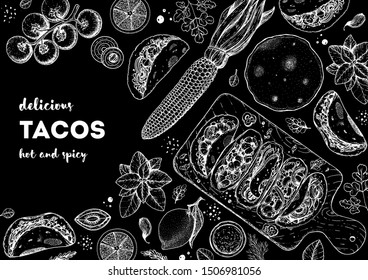 Tacos cooking and ingredients for tacos, sketch illustration. Mexican cuisine frame. Fast food menu design elements. Tacos hand drawn frame. Mexican food.