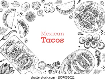 Tacos cooking and ingredients for tacos, sketch illustration. Mexican cuisine frame. Fast food menu design elements. Tacos hand drawn frame. Mexican food. 