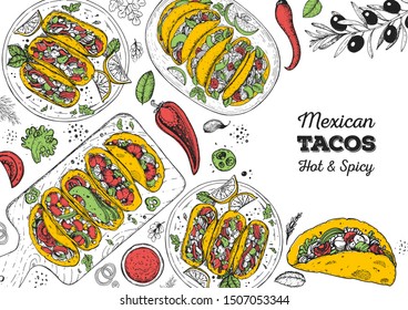 Tacos cooking and ingredients for tacos, sketch illustration. Mexican cuisine frame. Fast food menu design elements. Tacos hand drawn frame. Mexican food