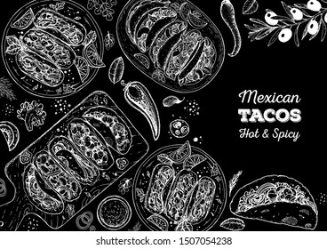 Tacos cooking and ingredients for tacos, sketch illustration. Mexican cuisine frame. Fast food menu design elements. Tacos hand drawn frame. Mexican food