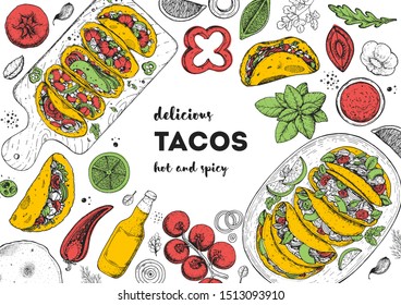 Tacos cooking and ingredients for tacos, sketch illustration. Mexican cuisine frame. Fast food menu design elements. Tacos hand drawn frame. Mexican food menu.