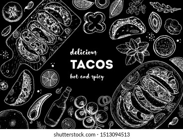 Tacos Kochen und Zutaten für Tacos, Skizzengrafik. mexikanische Küche. Design-Elemente für schnelle Speisen. Tacos handgezeichnet Rahmen. mexikanische Speisekarte