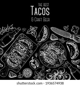 Tacos cooking and ingredients for tacos, sketch illustration. Mexican cuisine frame. Fast food menu design elements. Tacos hand drawn frame. Mexican food