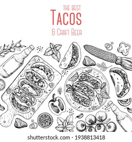 Tacos cooking and ingredients for tacos, sketch illustration. Mexican cuisine frame. Fast food menu design elements. Tacos hand drawn frame. Mexican food